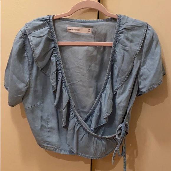 ASOS Ruffle Wrap Crop Top Denim - Picture 2 of 3